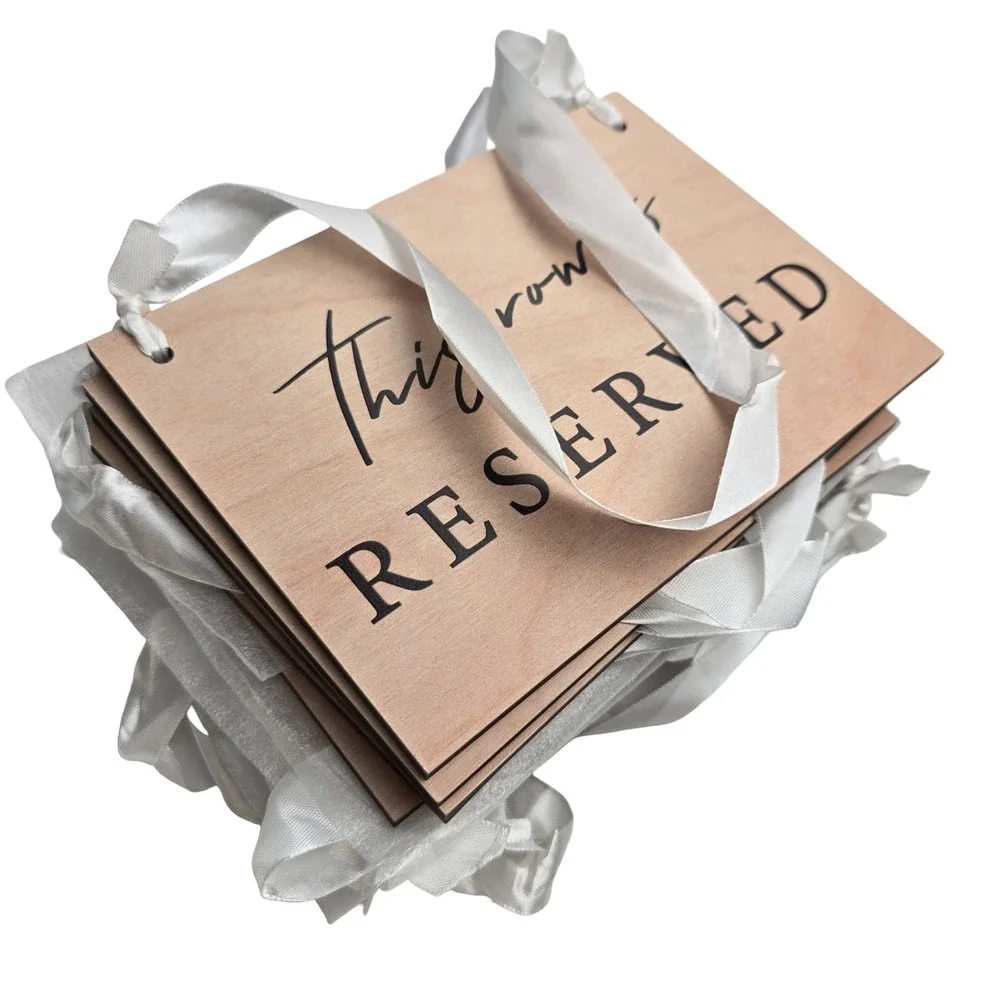 12 Pack Wooden Reserved Row Sign for Wedding Ceremony Natural Wood White Ribbon